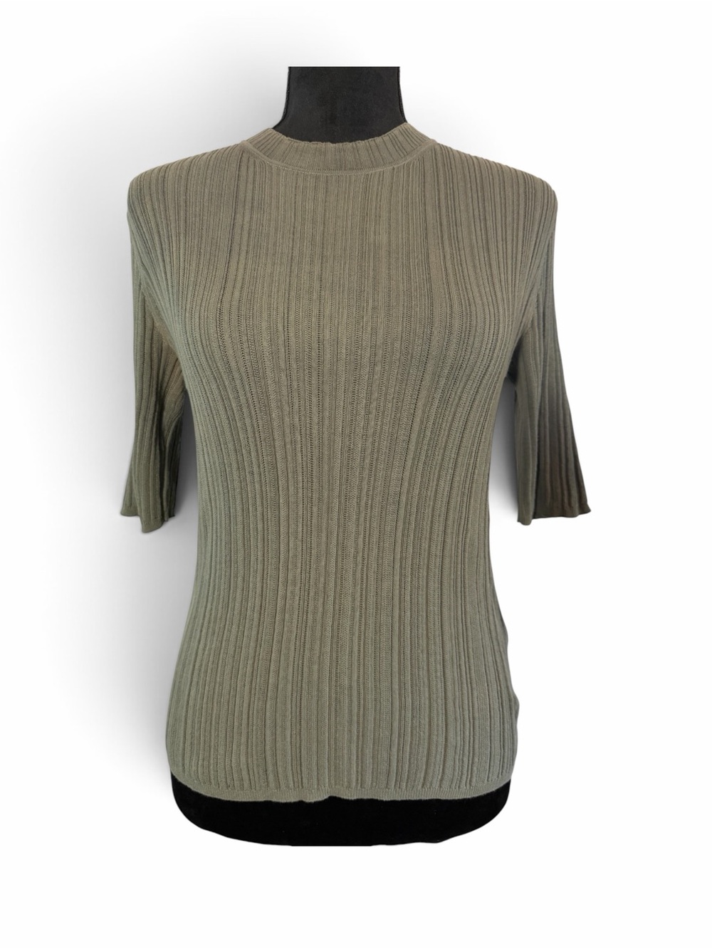 EUC Vince Variegated Half Sleeve Olive Ribbed Short-Sleeve Crew Neck Top